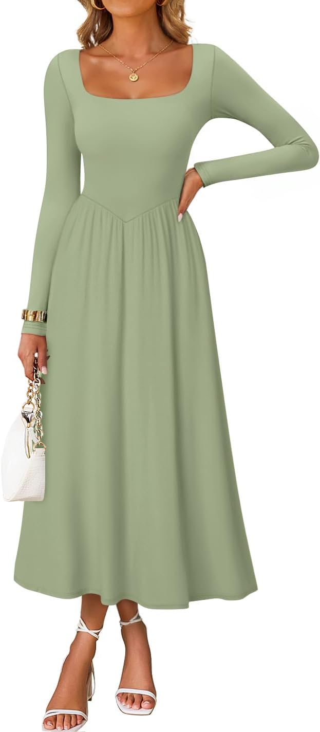 ZESICA Elegant Classy Square Neck Party Midi Dress