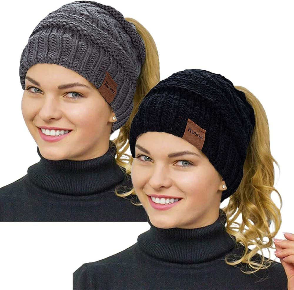 Rosoz 2 Pack Ponytail Beanie for Women