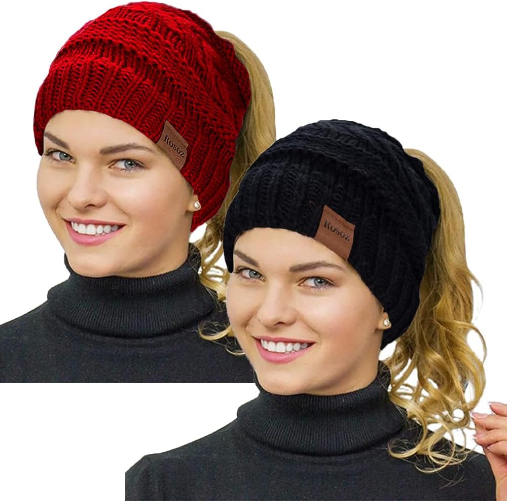 Rosoz 2 Pack Ponytail Beanie for Women
