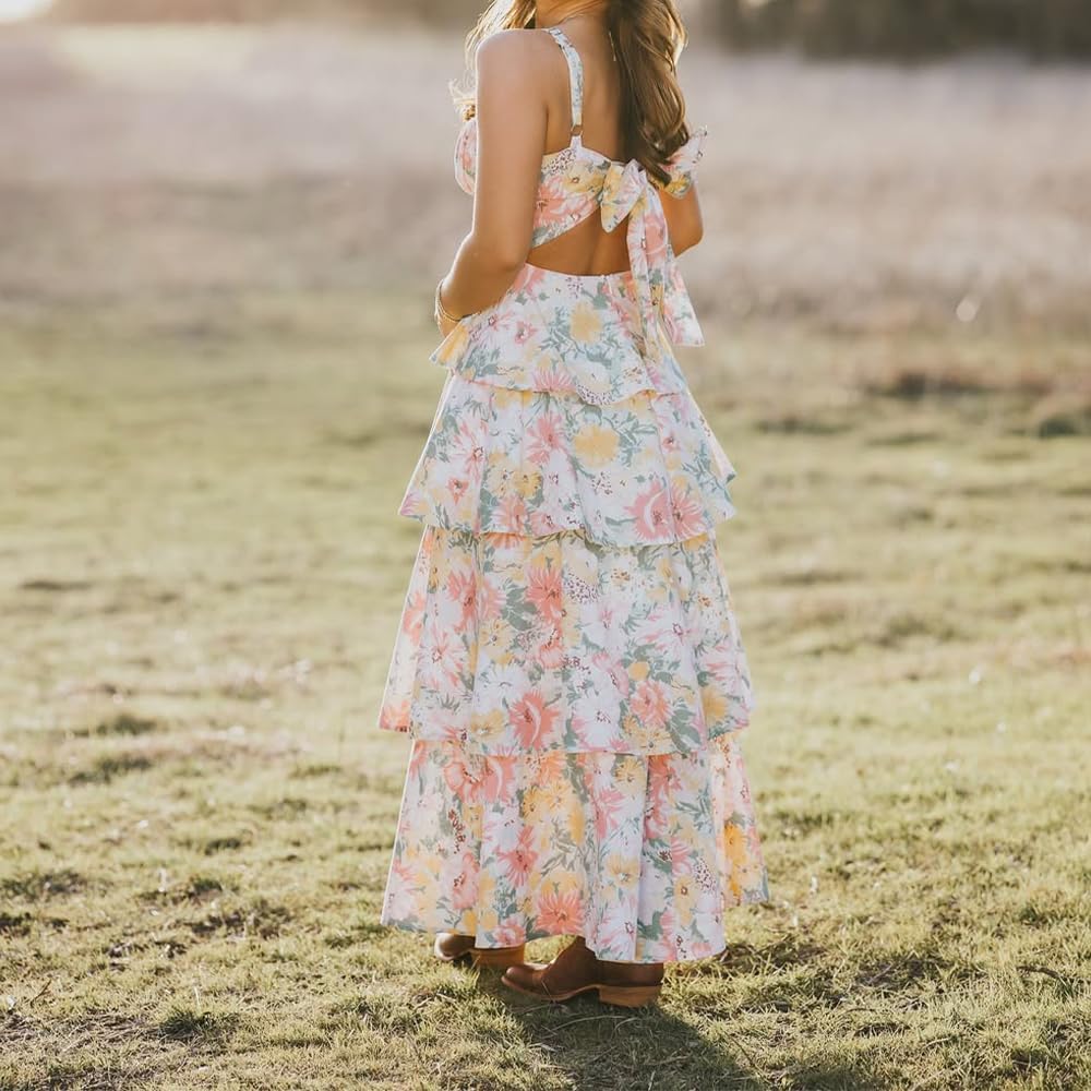 Floral Sleeveless Tiered Boho Maxi Dress