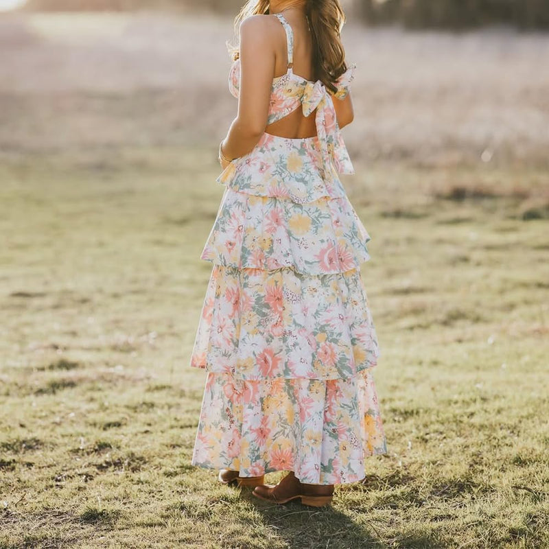 Floral Sleeveless Tiered Boho Maxi Dress