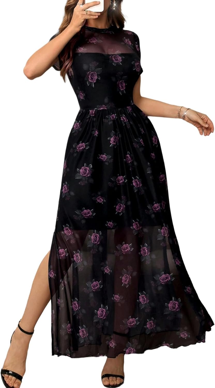 GothDark Women's Floral Mesh Maxi Dress