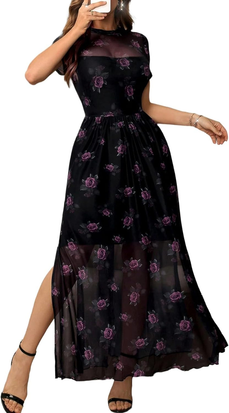 GothDark Women's Floral Mesh Maxi Dress