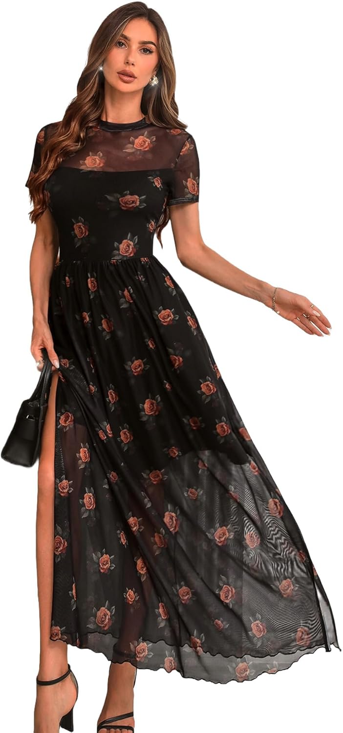 GothDark Women's Floral Mesh Maxi Dress