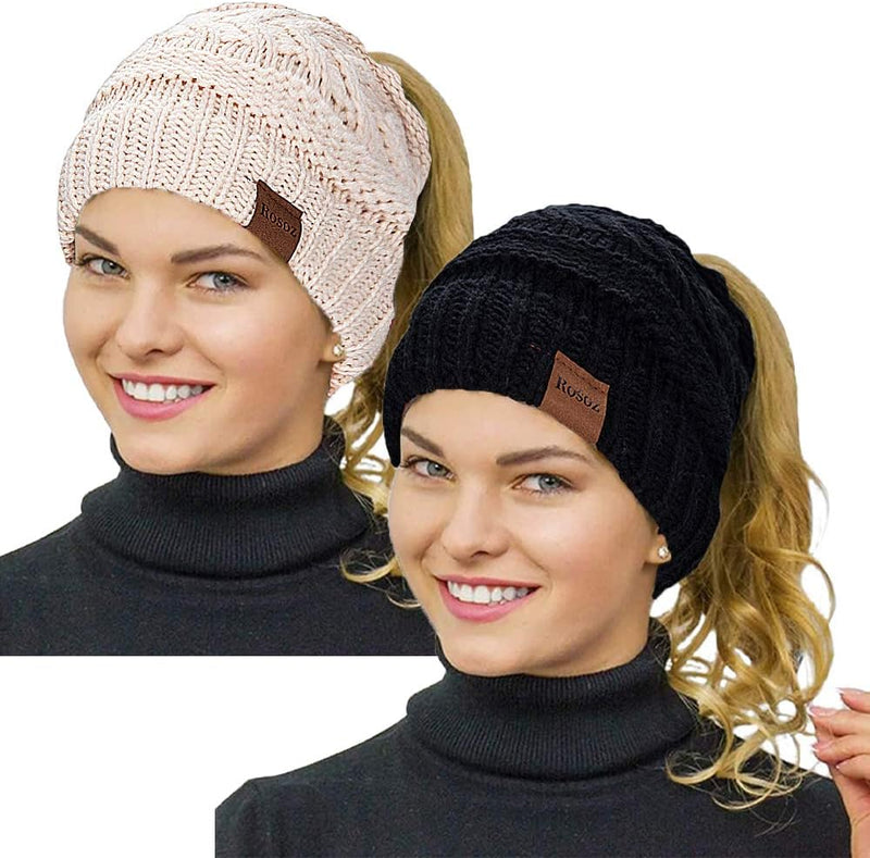 Rosoz 2 Pack Ponytail Beanie for Women