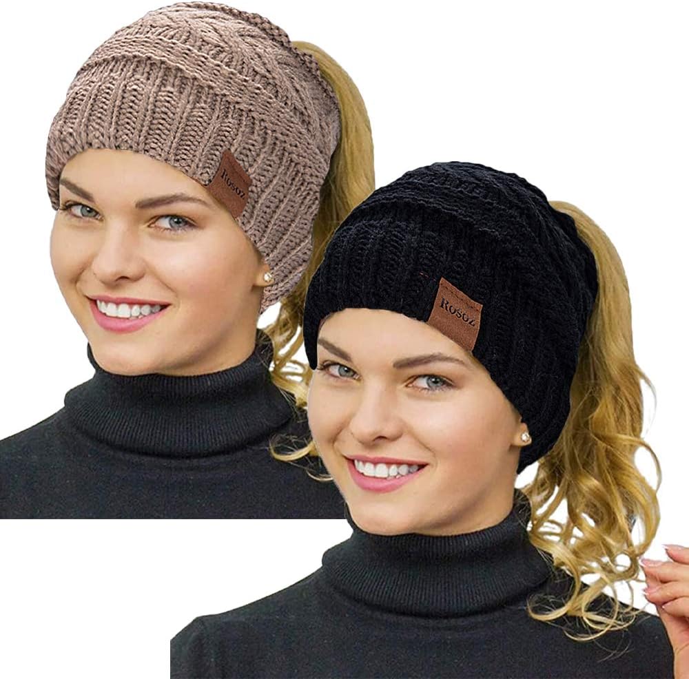 Rosoz 2 Pack Ponytail Beanie for Women