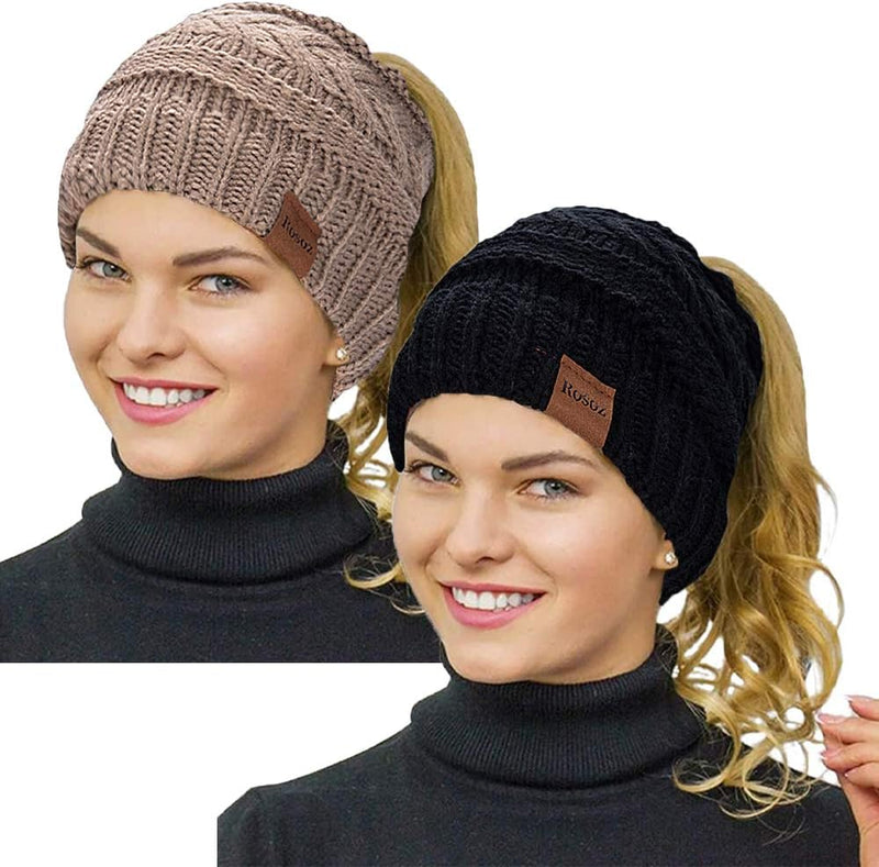 Rosoz 2 Pack Ponytail Beanie for Women