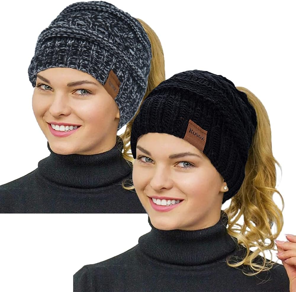 Rosoz 2 Pack Ponytail Beanie for Women