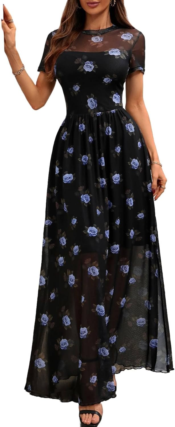 GothDark Women's Floral Mesh Maxi Dress
