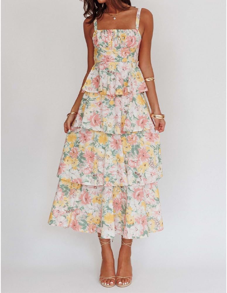 Floral Sleeveless Tiered Boho Maxi Dress