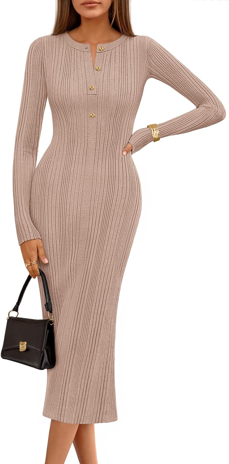MEROKEETY Women's Bodycon Sweater Midi Dress