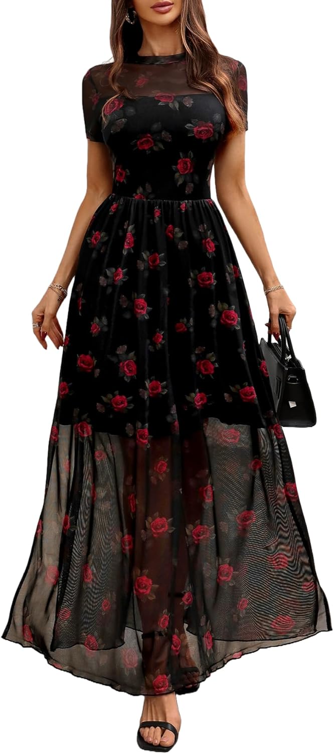 GothDark Women's Floral Mesh Maxi Dress