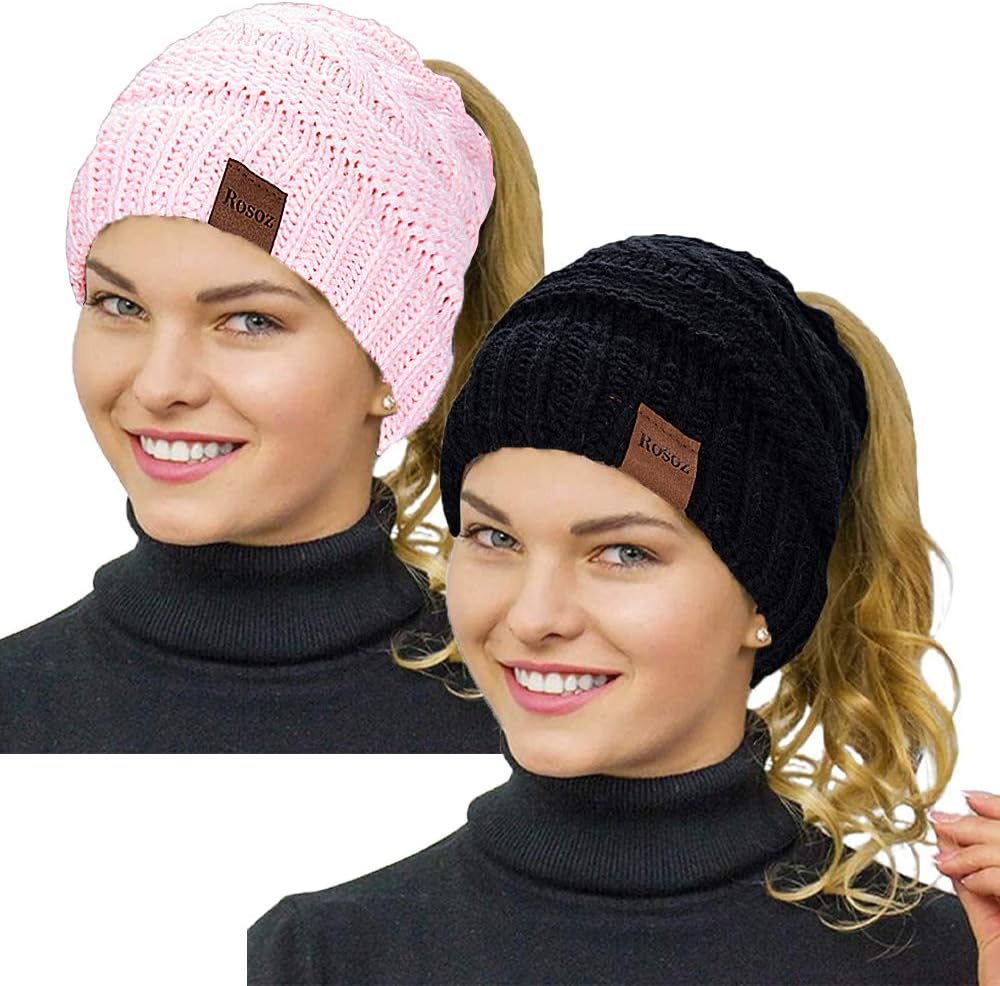 Rosoz 2 Pack Ponytail Beanie for Women