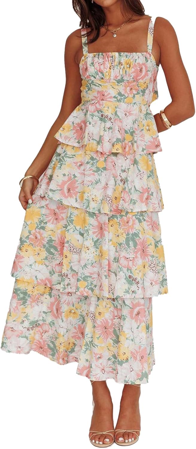 Floral Sleeveless Tiered Boho Maxi Dress