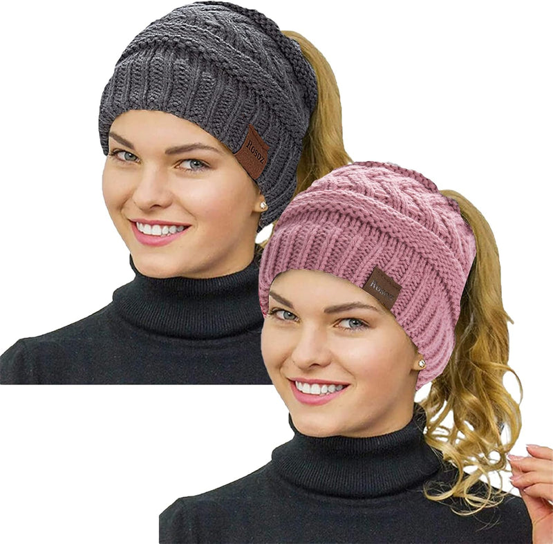 Rosoz 2 Pack Ponytail Beanie for Women