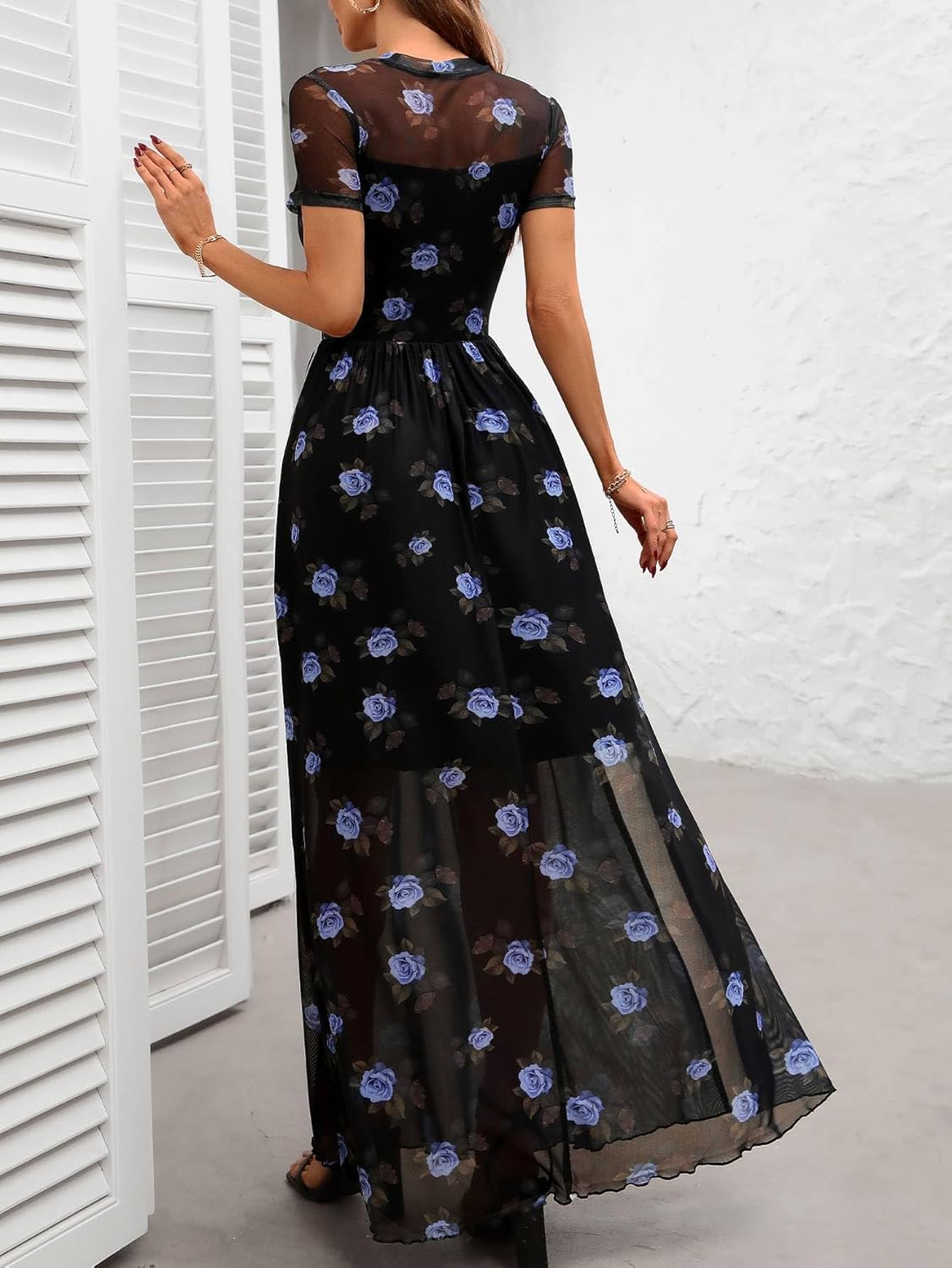 GothDark Women's Floral Mesh Maxi Dress