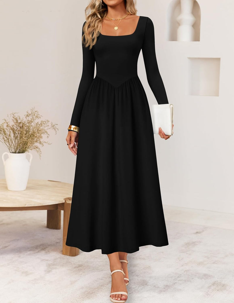 ZESICA Elegant Classy Square Neck Party Midi Dress