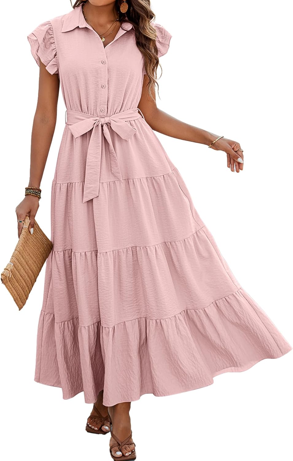 dowerme Women’s Boho V-Neck Tiered Maxi Dress with Pockets