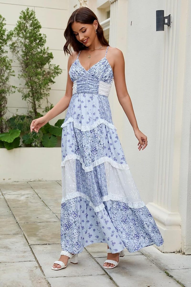 Women Floral Maxi Spaghetti Straps V Neck Dress