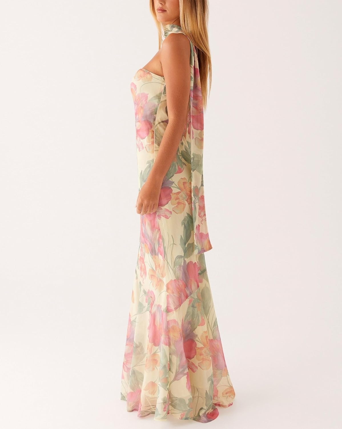 Women Strapless Floral Dress with Sarf Mesh Tube