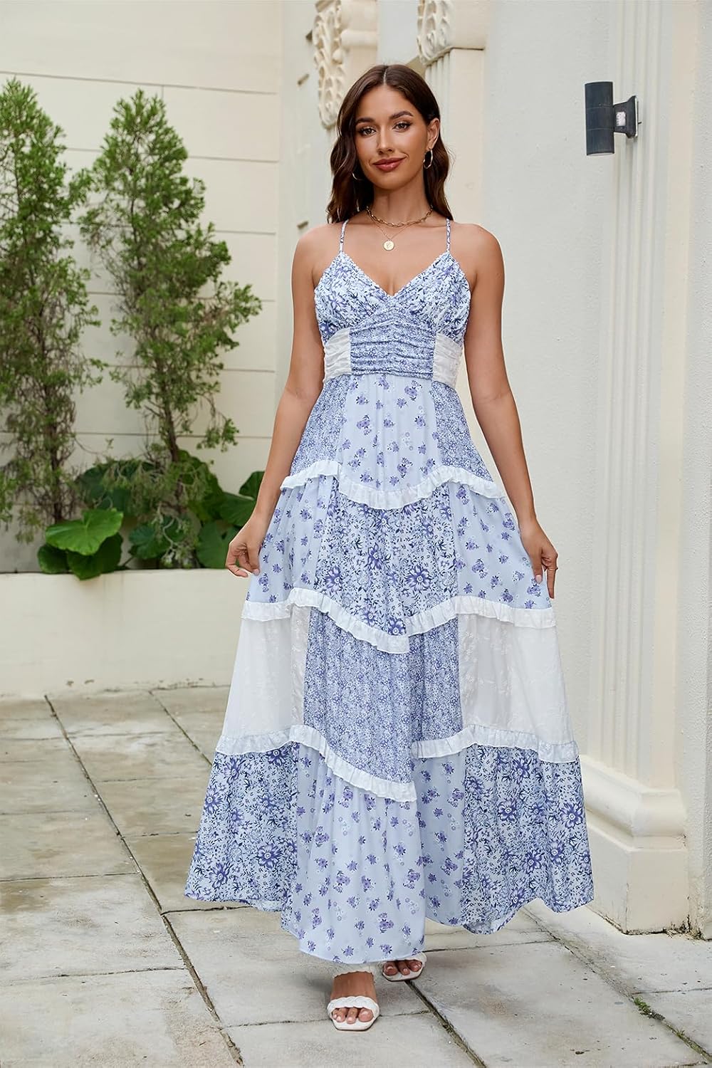 Women Floral Maxi Spaghetti Straps V Neck Dress