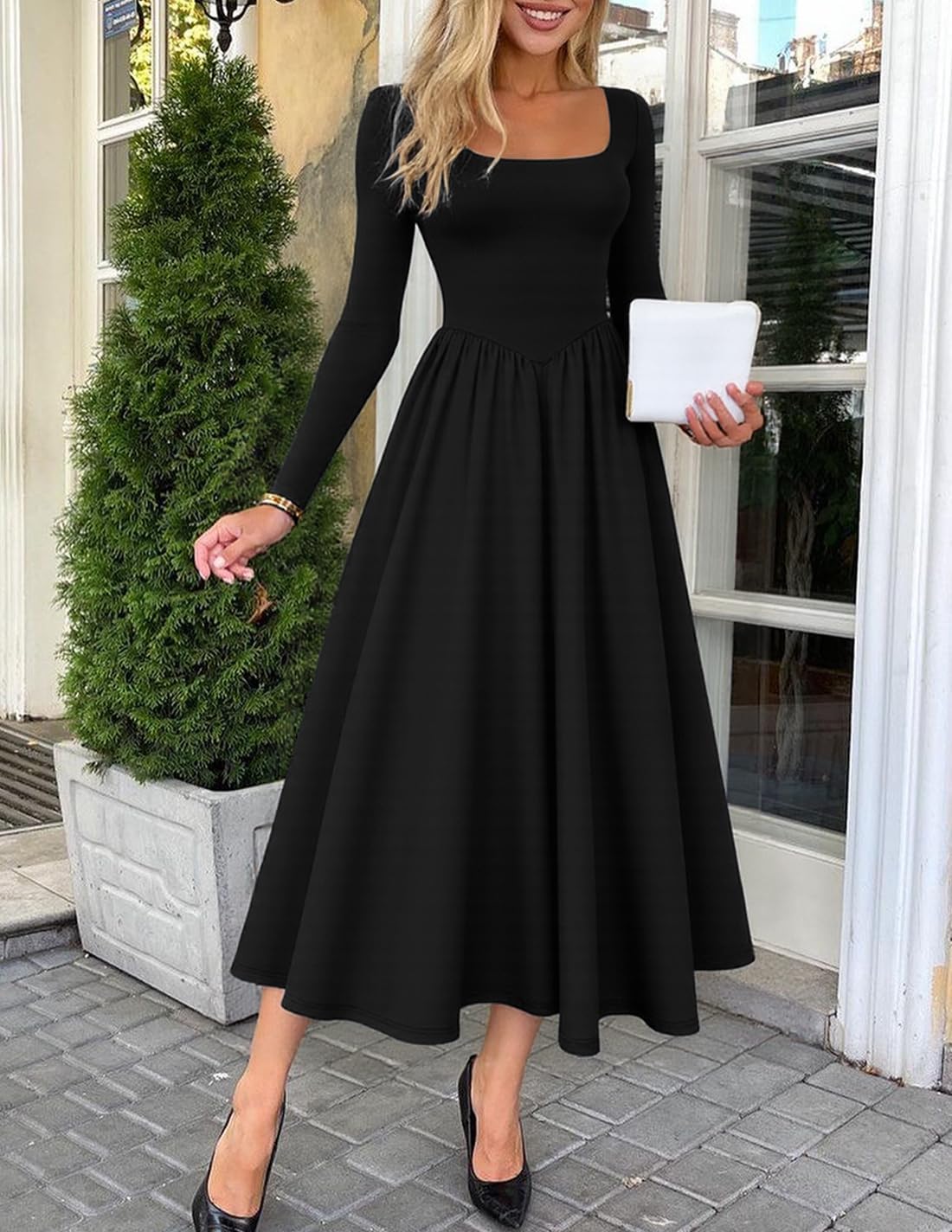 ZESICA Elegant Classy Square Neck Party Midi Dress
