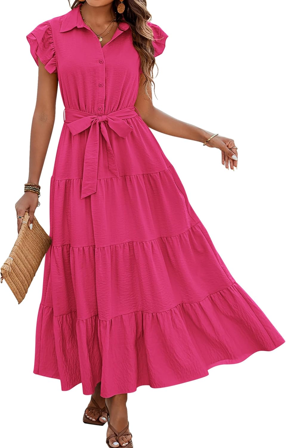 dowerme Women’s Boho V-Neck Tiered Maxi Dress with Pockets