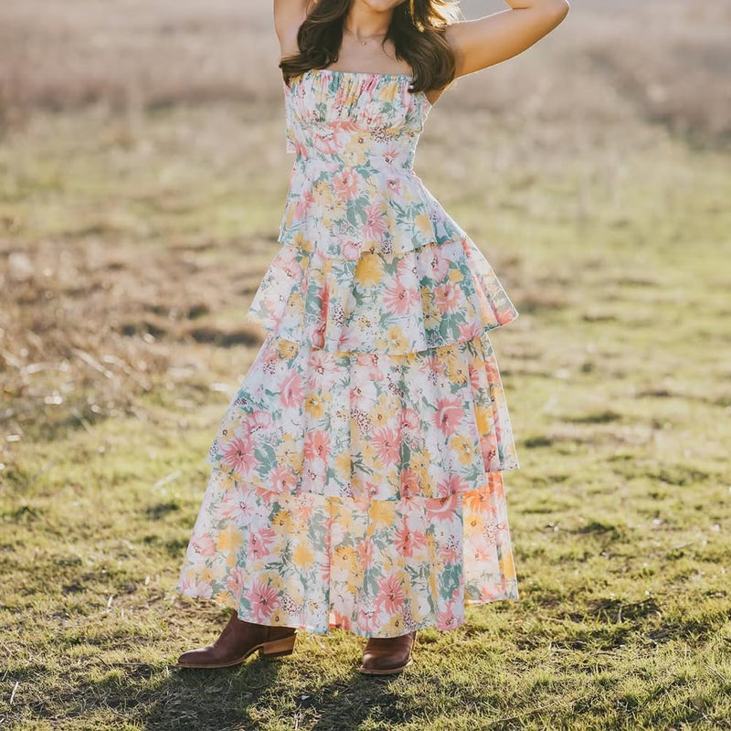 Floral Sleeveless Tiered Boho Maxi Dress