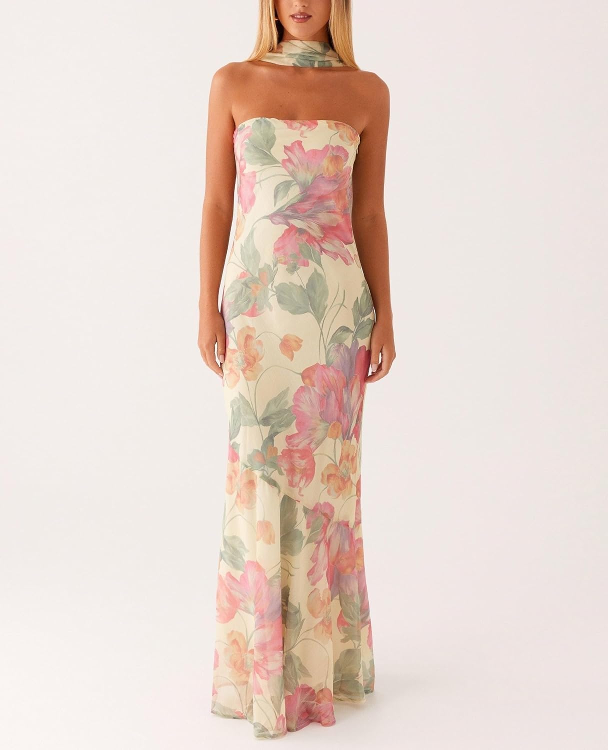 Women Strapless Floral Dress with Sarf Mesh Tube