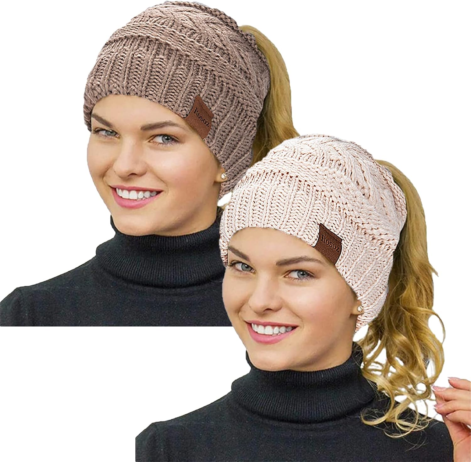 Rosoz 2 Pack Ponytail Beanie for Women