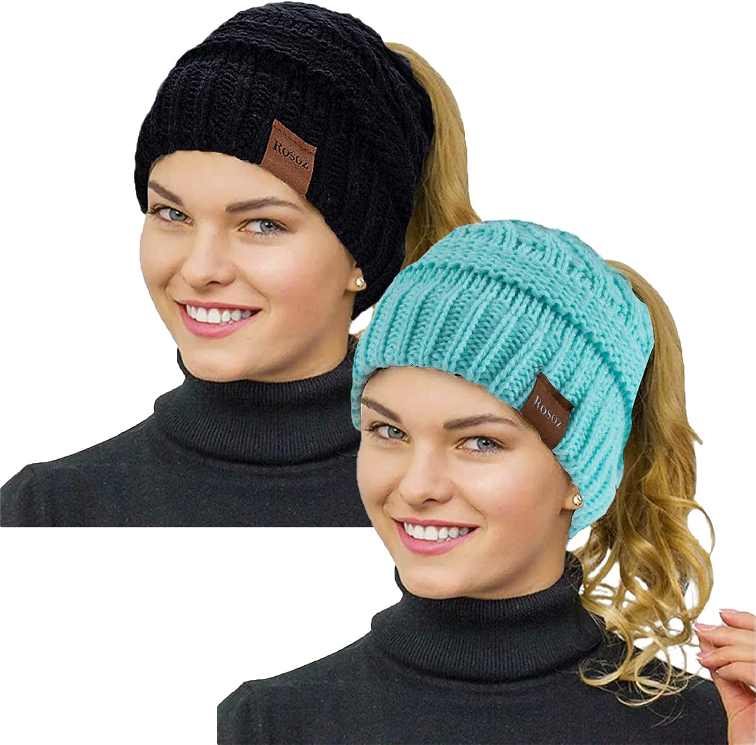 Rosoz 2 Pack Ponytail Beanie for Women
