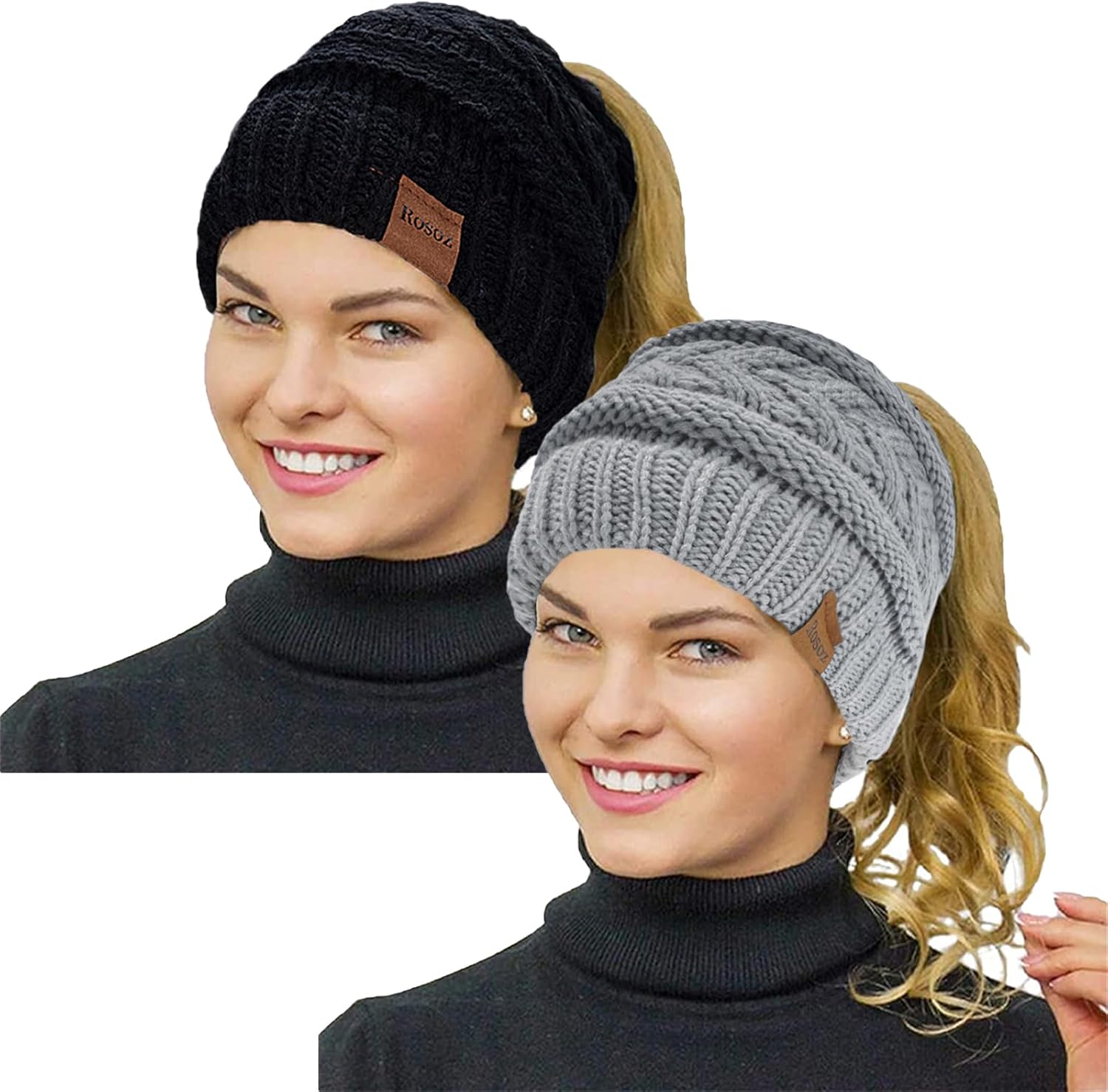 Rosoz 2 Pack Ponytail Beanie for Women