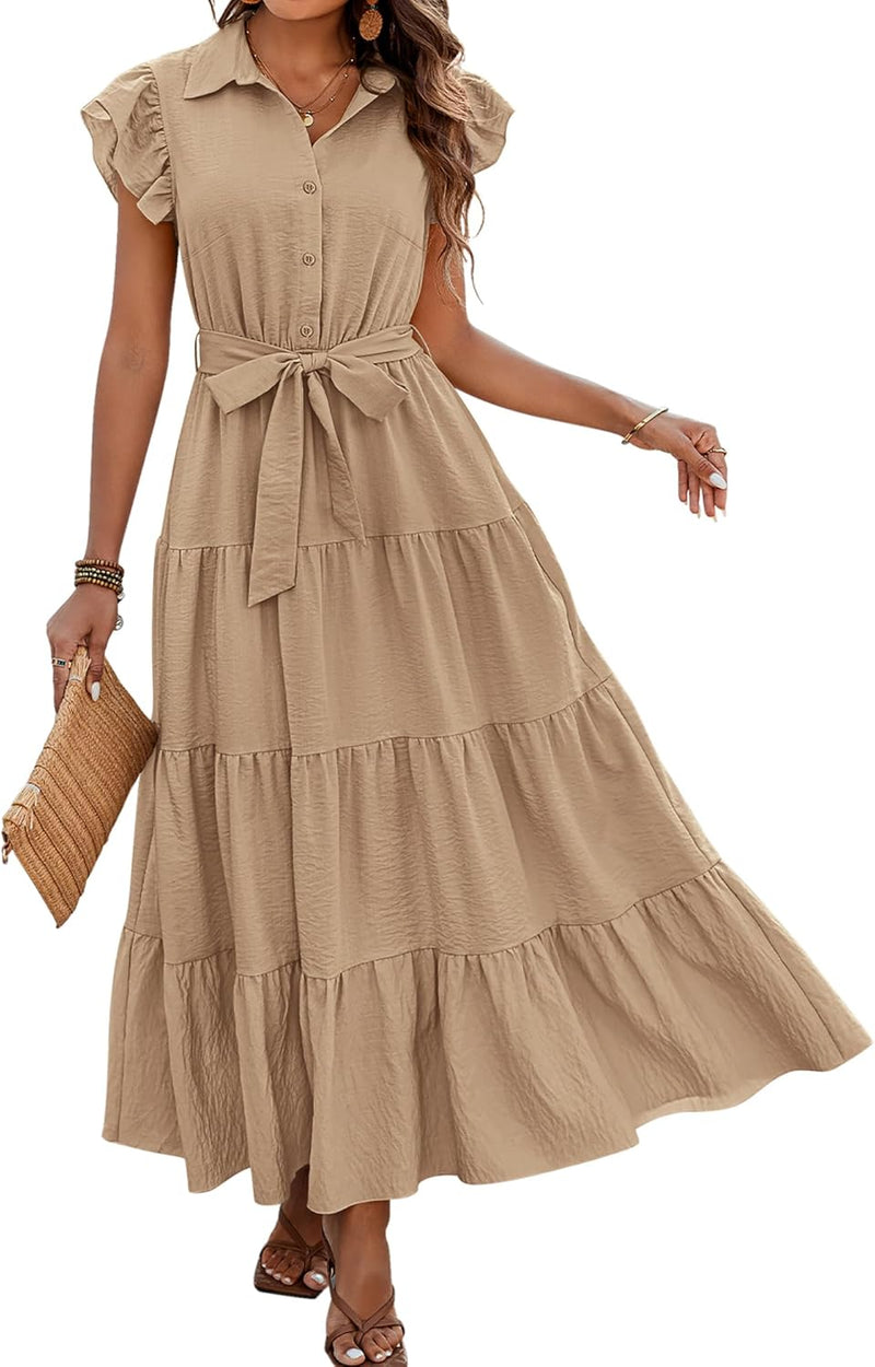 dowerme Women’s Boho V-Neck Tiered Maxi Dress with Pockets