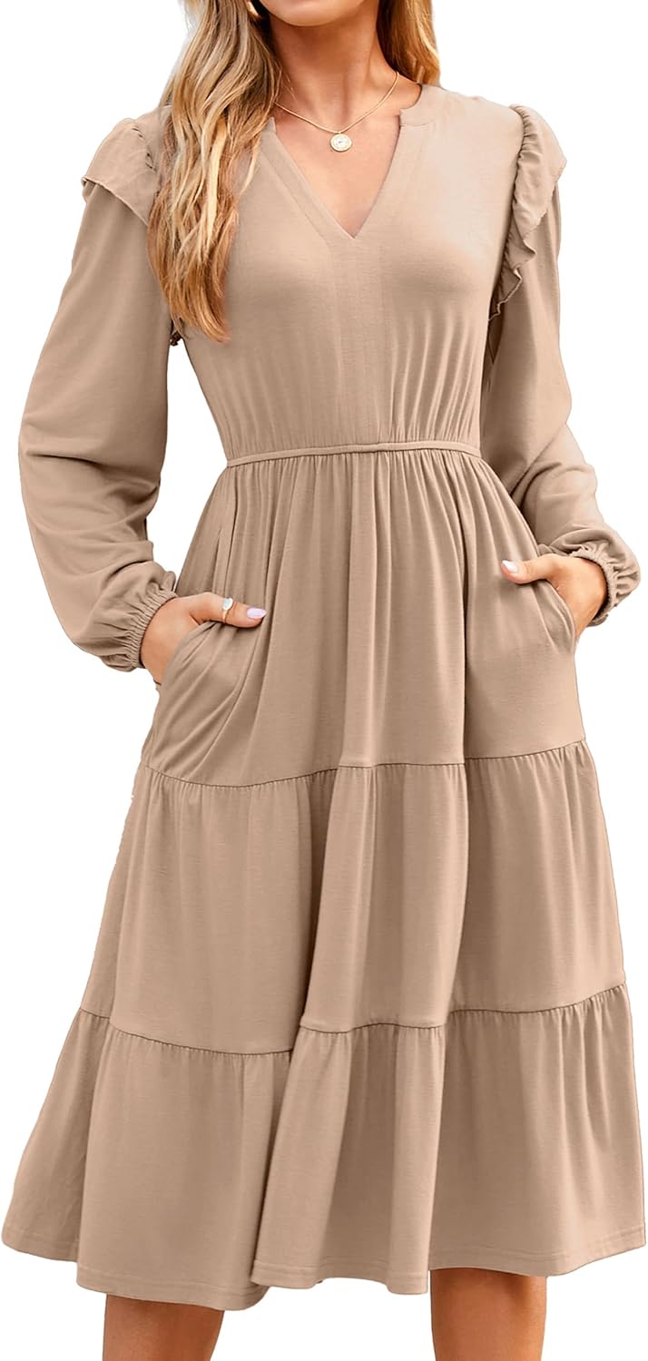 Glamaker Women’s Casual A-Line Midi Dress with Pockets