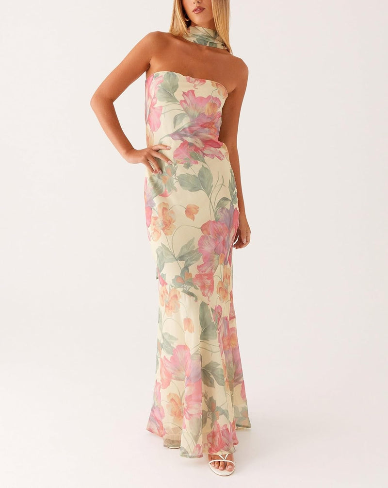 Women Strapless Floral Dress with Sarf Mesh Tube
