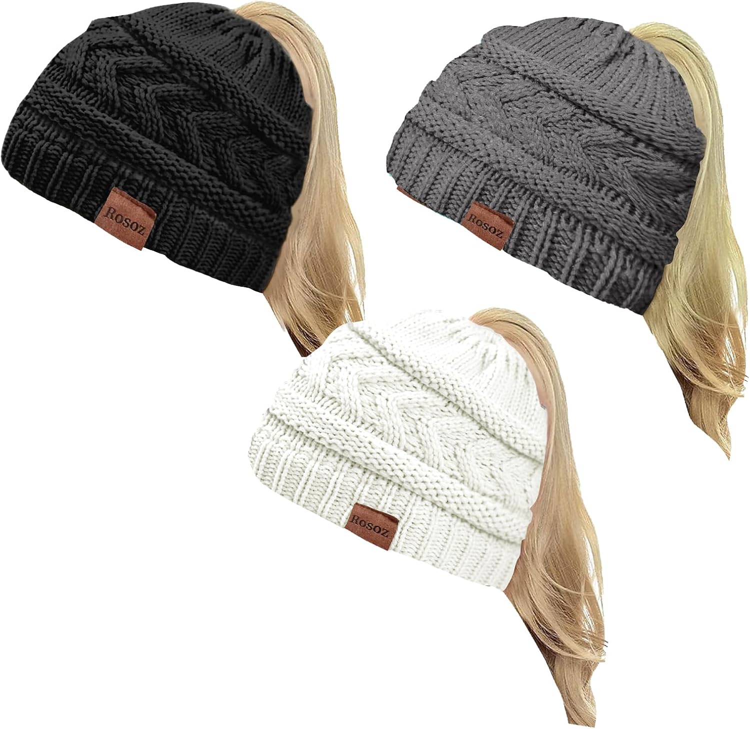Rosoz 2 Pack Ponytail Beanie for Women