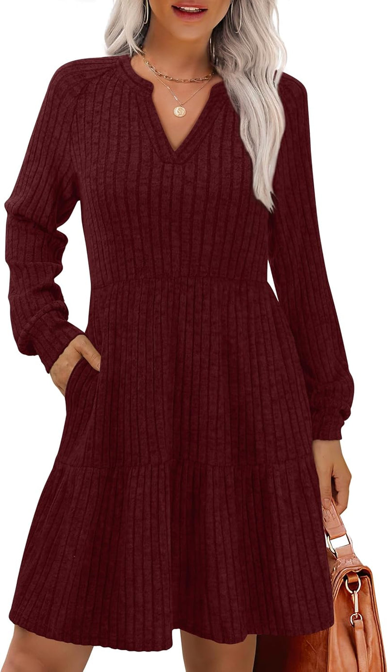 IWD Women’s Cozy V-Neck A-Line Knit Dress with Pockets