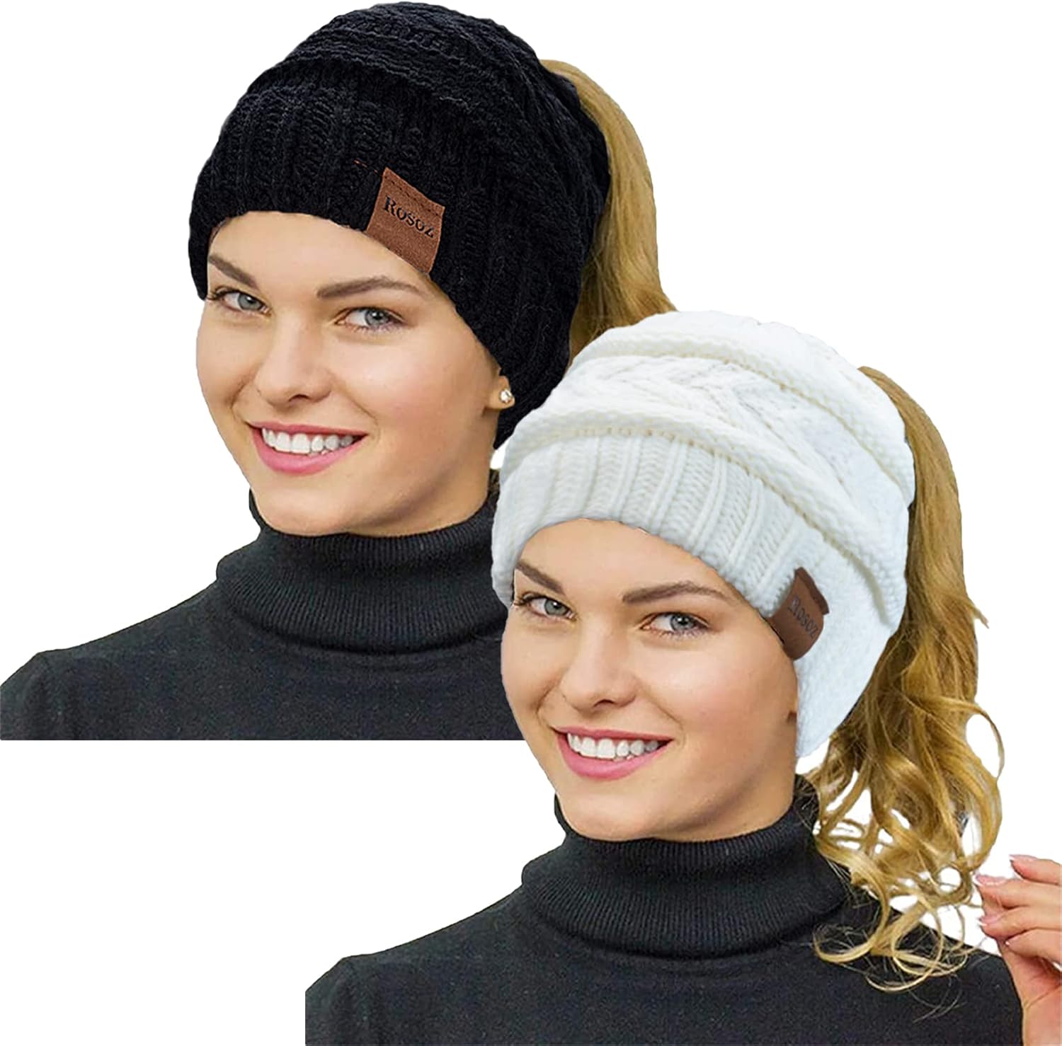 Rosoz 2 Pack Ponytail Beanie for Women