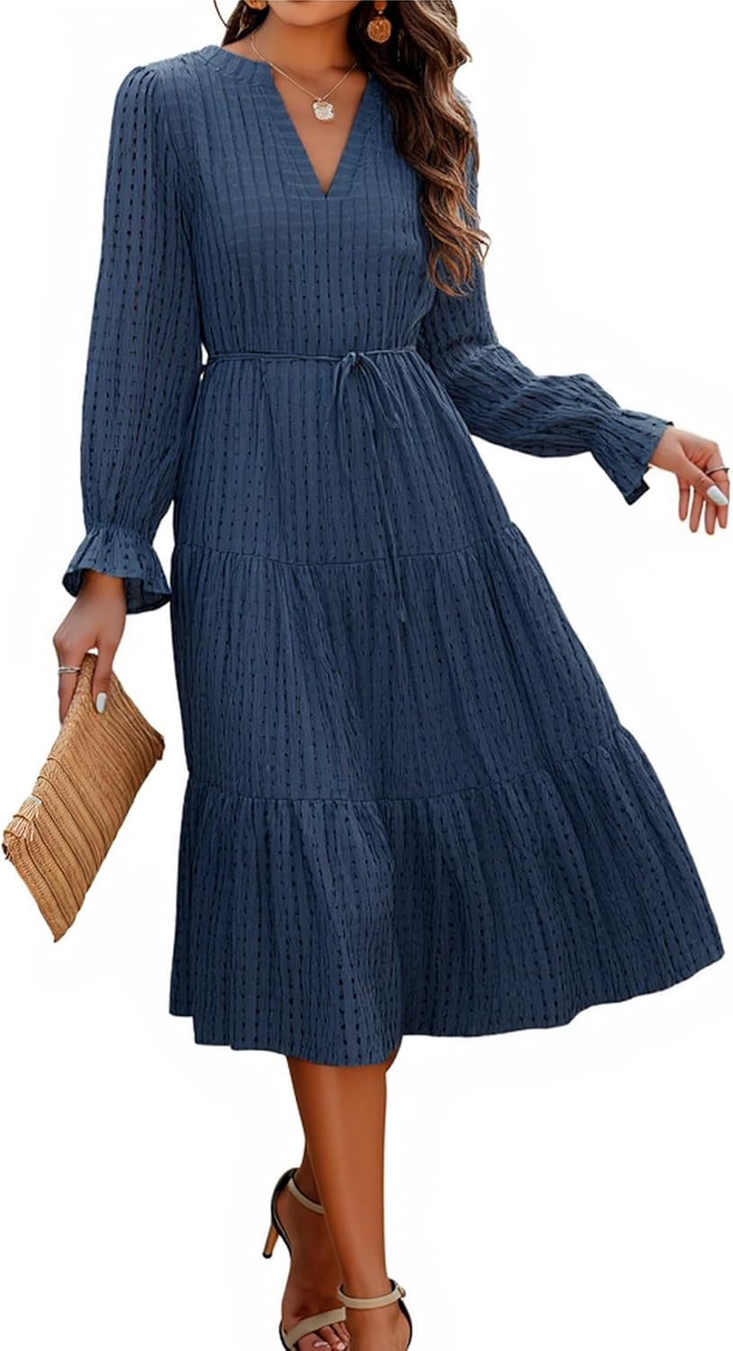 ECOWISH Women Winter Midi Pleated Casual Dress