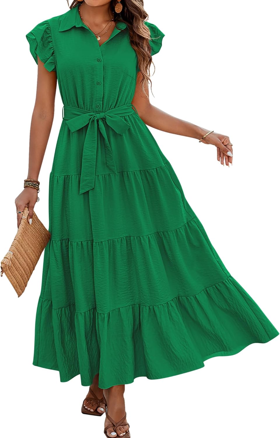 dowerme Women’s Boho V-Neck Tiered Maxi Dress with Pockets