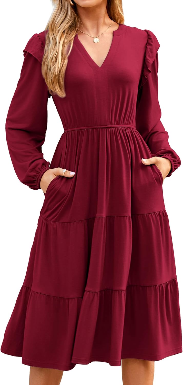 Glamaker Women’s Casual A-Line Midi Dress with Pockets