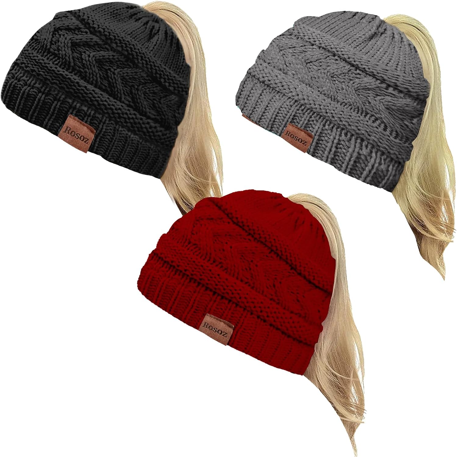 Rosoz 2 Pack Ponytail Beanie for Women