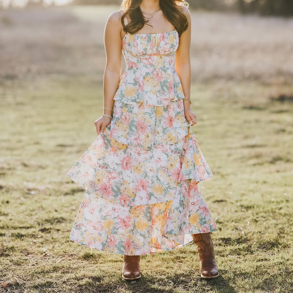 Floral Sleeveless Tiered Boho Maxi Dress