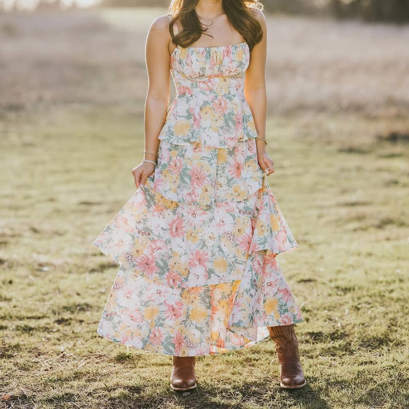 Floral Sleeveless Tiered Boho Maxi Dress