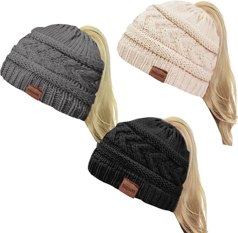 Rosoz 2 Pack Ponytail Beanie for Women