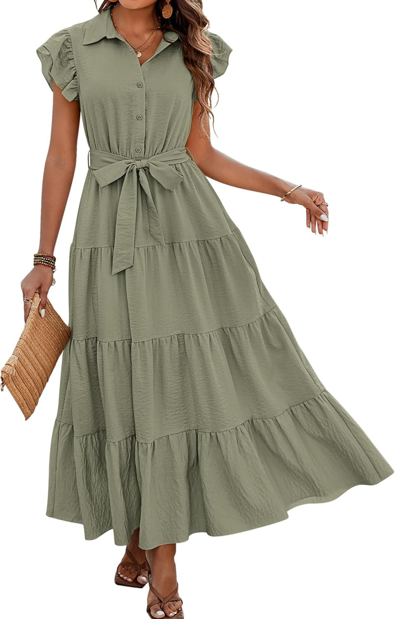 dowerme Women’s Boho V-Neck Tiered Maxi Dress with Pockets