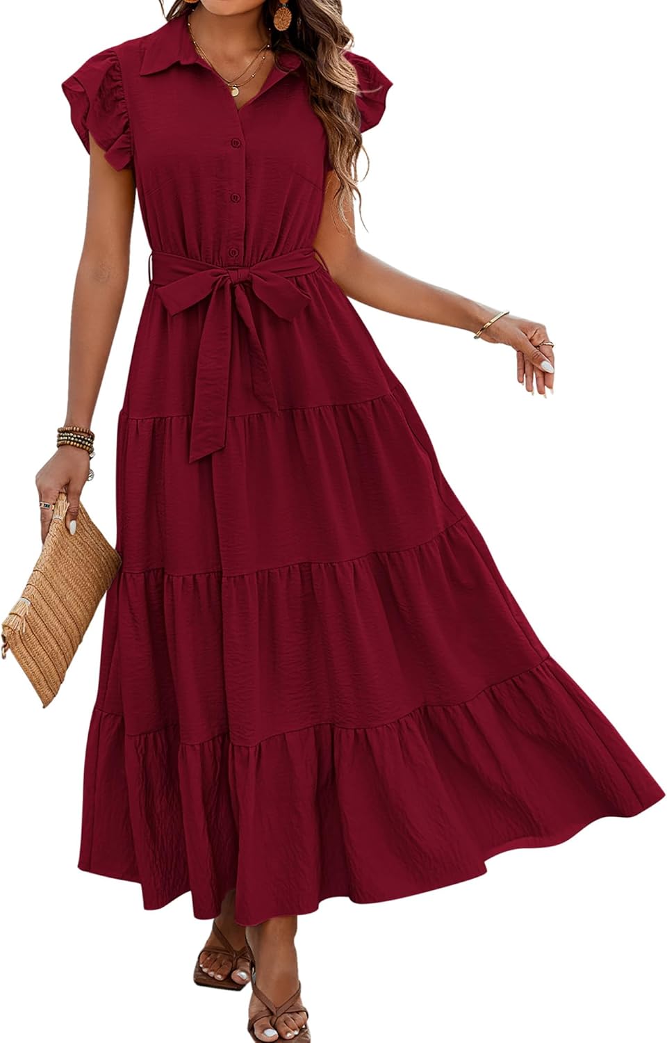 dowerme Women’s Boho V-Neck Tiered Maxi Dress with Pockets