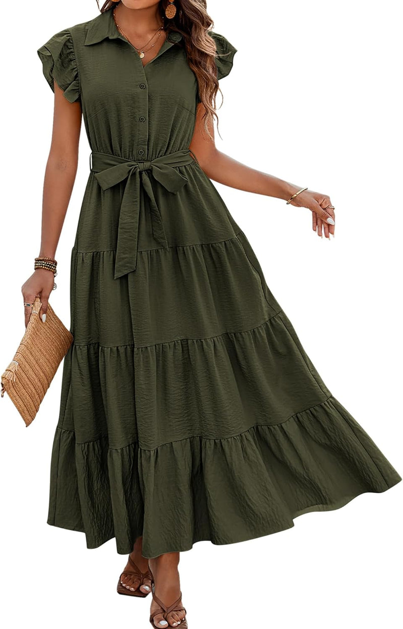 dowerme Women’s Boho V-Neck Tiered Maxi Dress with Pockets