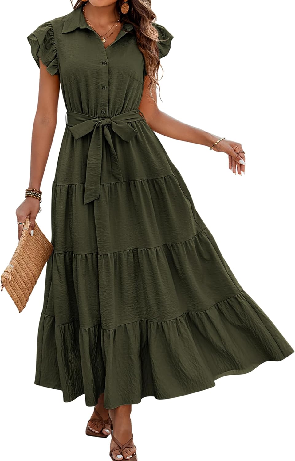 dowerme Women’s Boho V-Neck Tiered Maxi Dress with Pockets