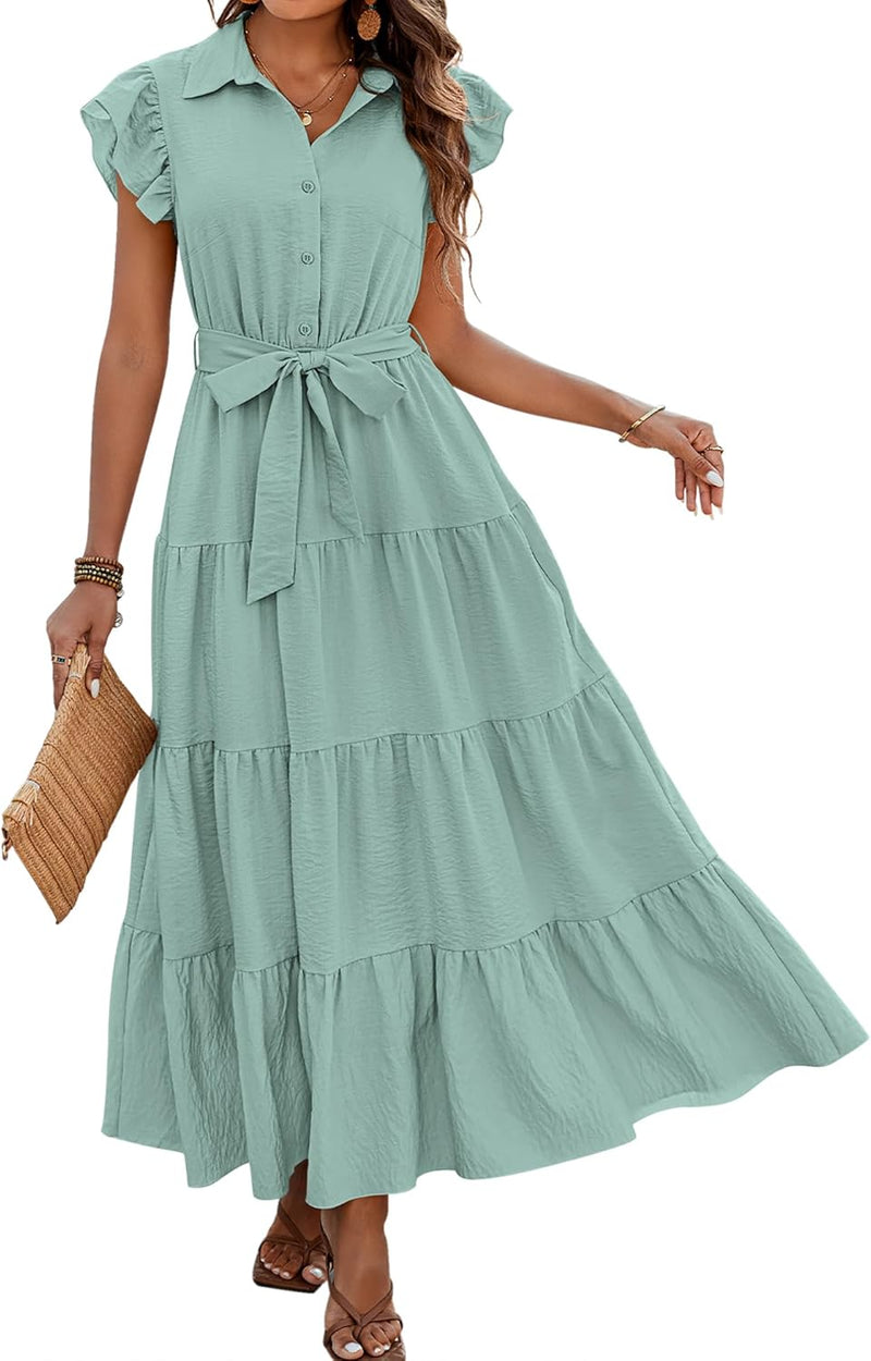 dowerme Women’s Boho V-Neck Tiered Maxi Dress with Pockets